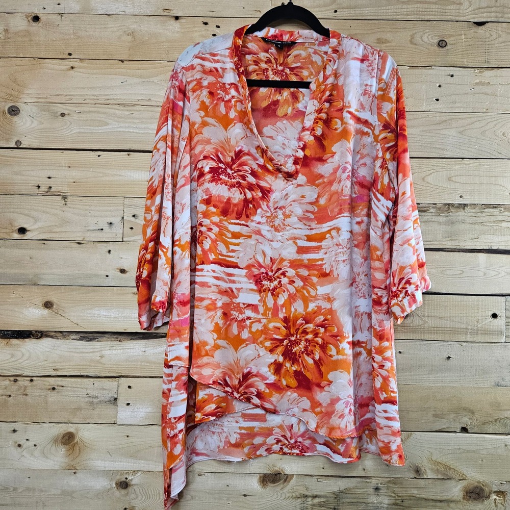 Zac & Rachel Woman 1X Floral Tunic Top Orange Pink 3/4 Sleeve High Low V-Neck